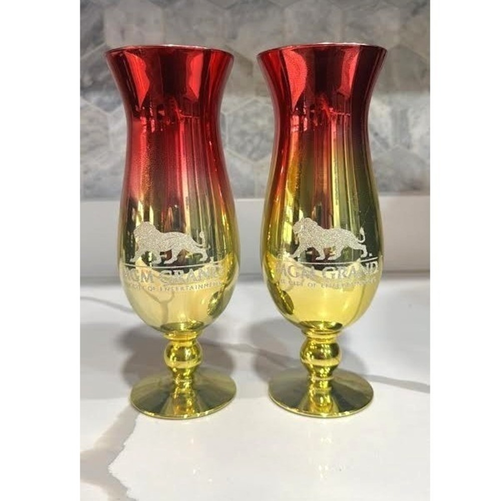Vintage MGM Grand Hollywood Hurricane Glasses Set of 2 Gold Red Casino Souvenir